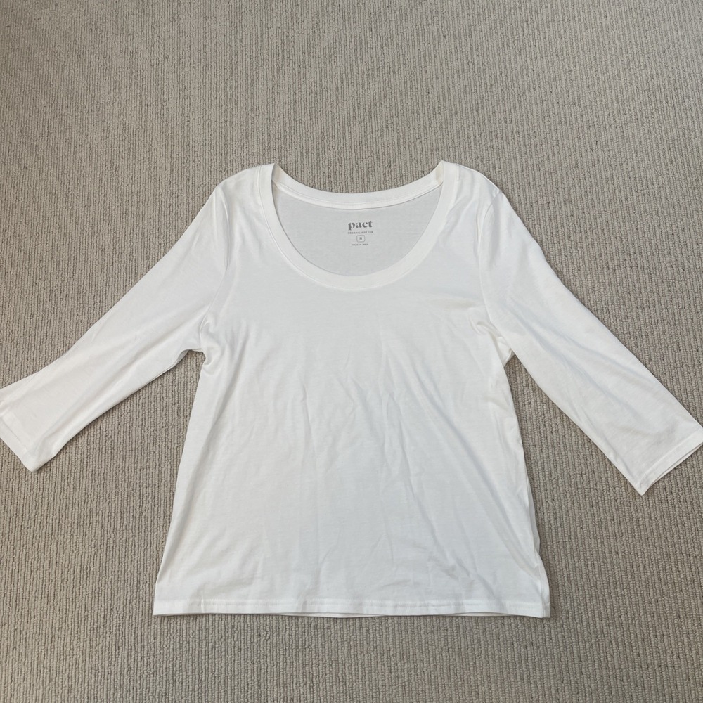 Pact Women's Medium Organic Cotton Scoop T Shirt Top Minimalist 3/4 Sleeve White